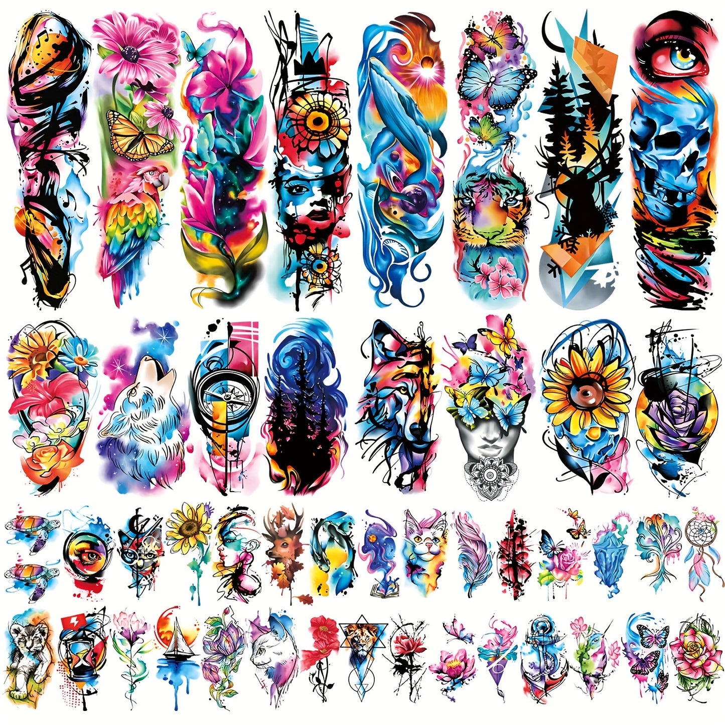 Temporary Tattoos Full Arm 46 Sheets | Waterproof Long-Lasting Body Art Stickers for Men & Women | Colorful Floral Geometric Portrait Ink Painting Style | Realistic Festive Tattoo Design Set