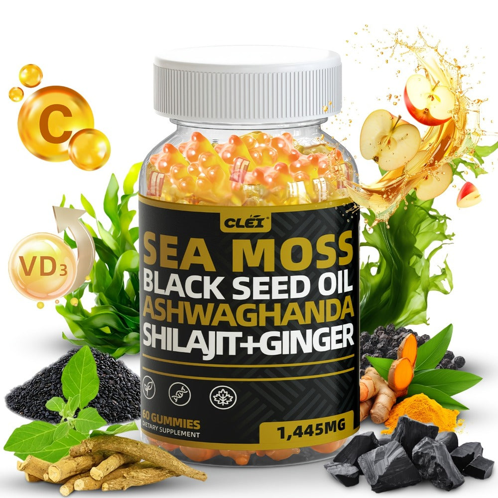 Sea Moss, Black Seed Oil, Ashwagandha, Ginger, Shila Gummies with Elderberry, Chlorophyll, Turmeric, Bladderwrack 1445mg, 60 Gummies | 1/2/3 Bottle