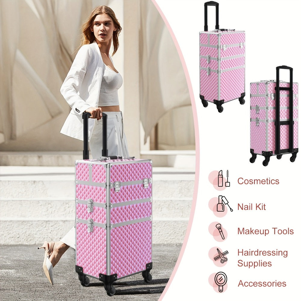 Rolling Makeup Train Case with Makeup Sponges Set, Large Storage Cosmetic Trolley 3in 1 Large Capacity Trolley Makeup Travel Case with Key Swivel Wheels Salon Barber Case Traveling Cart Trunk