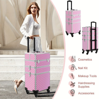 Rolling Makeup Train Case 3-in-1 Large Capacity Cosmetic Trolley with Swivel Wheels Lock Key Makeup Sponges Set Salon Barber Travel Cart Trunk for Professional
