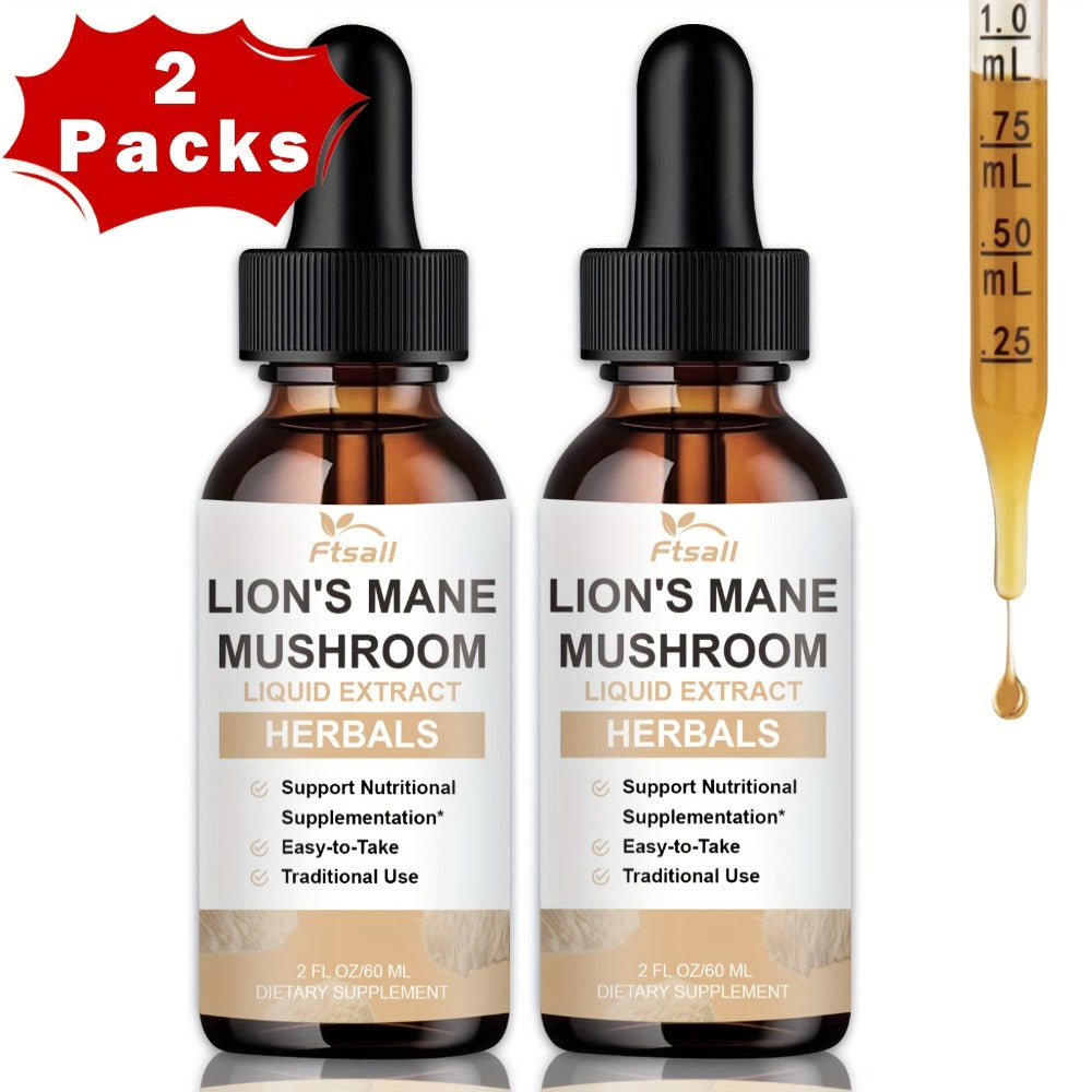 Ftsall 1/2/3 Packs Lions Mane Liquid Drops Supplement - 2FL OZ | Natural Herbal Brain Support for Focus, Memory | Lions Mane Mushroom for Women And Men