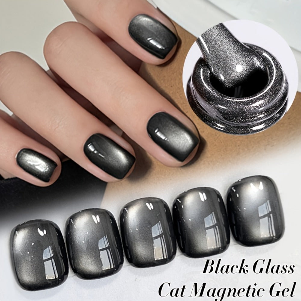 BORN PRETTY 0.34oz Black Glass Bead Black Color Cat Magnetic Gel Nail Polish With A Delicate Magnetic Powder Effect And Shiny Soak Off Gel