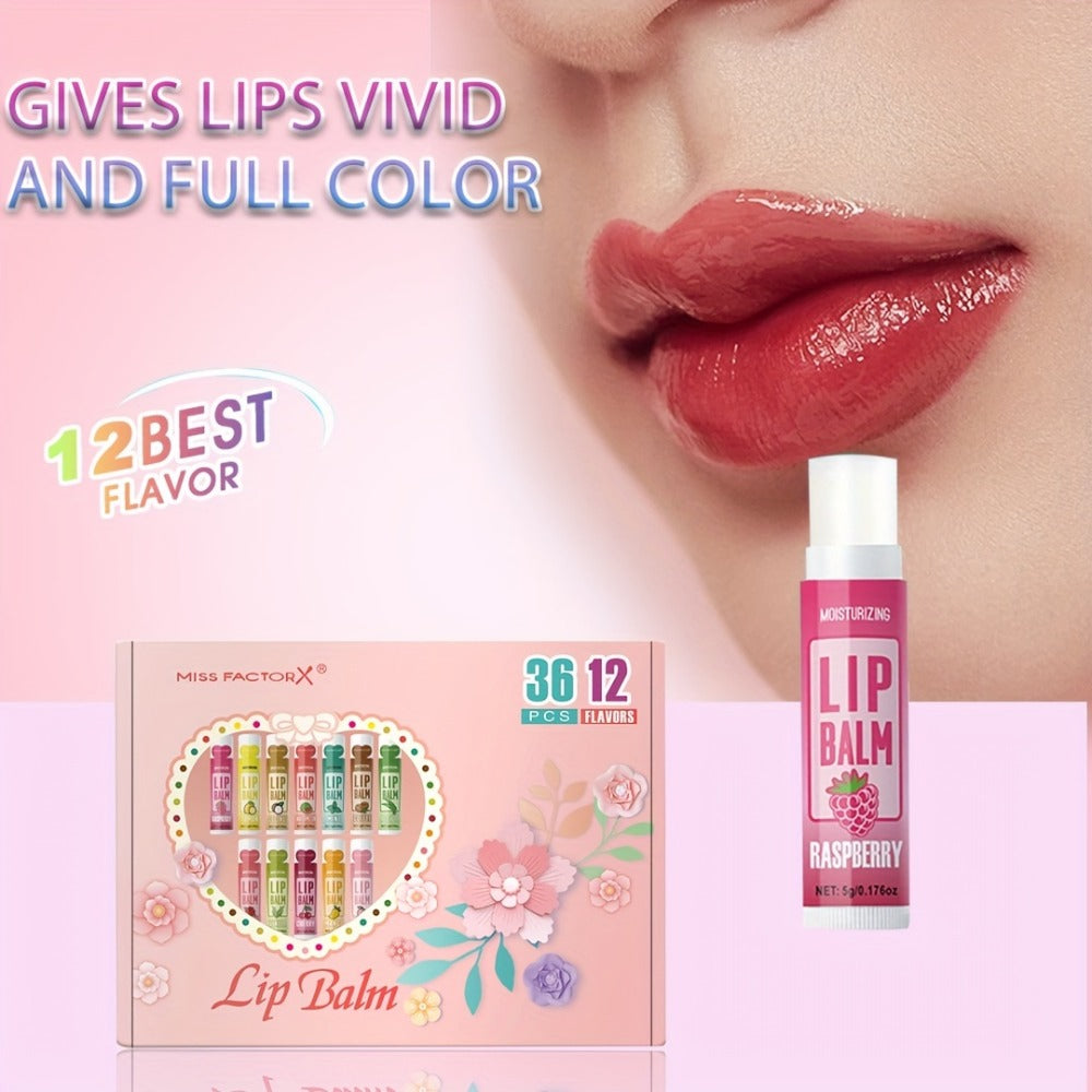 Lip Balm Set 36 Pcs Moisturizing Tinted Lip Butter with Jojoba Oil 12 Flavors Natural Hydrating Lip Care for Dry Lips Adults Gift Box