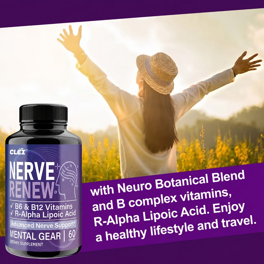 NERVE RENEW CAPSULES. Healthy, Natural. Vitamin B Complex, R-Alpha Lipoic Acid, Sports Health, Neuro Botanical Blend, Antioxidant. Enioy A Healthy Lifestyle And Travel. For Office Workers - 60 Caps