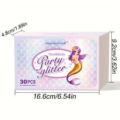 Glitter Gel Set 30 Pieces — Face Body & Hair Glitter in Colorful Shapes, Transparent Gel Base, Mermaid Sequin Makeup for Festivals, Parties & Face Painting