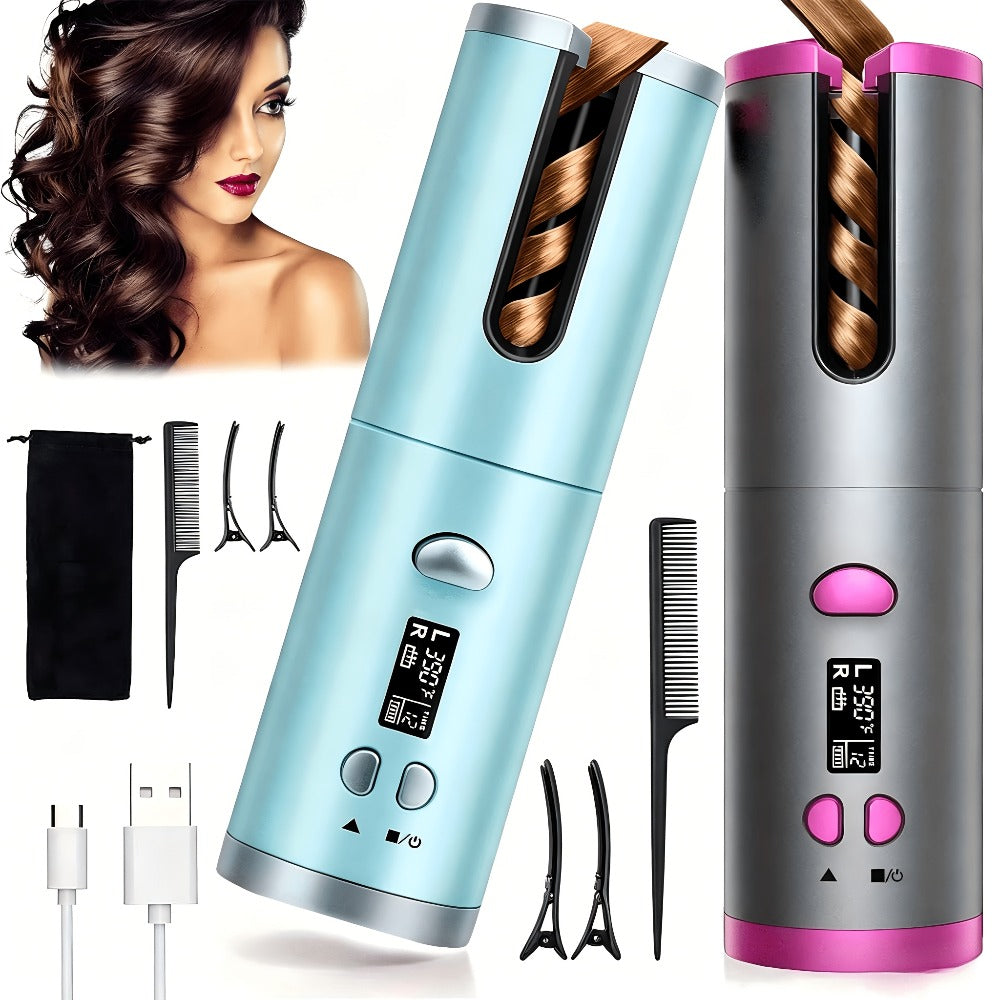 Automatic Curler, Portable Curler, Cordless Rotating Curler with 6 Temperatures, LCD Display USB Rechargeable, Fast Heat-Up And Auto-Off for Hair Styling, Mother'S Day Gift, Birthday Gift (Additions: 1 X Storage Bag And 4 X Hair Clips And 1 X Comb)