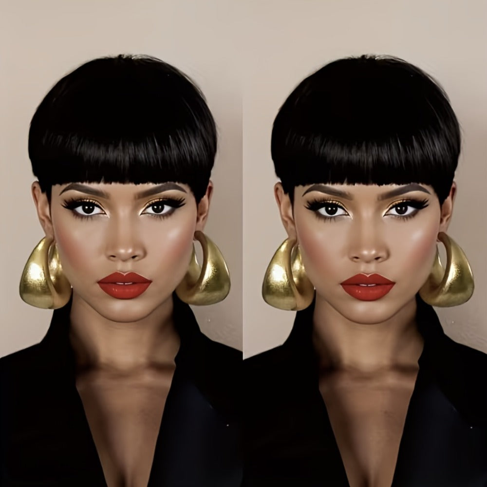 Human Hair Pixie Cut Wig with Bangs 180% Density No Glue Machine Made Breathable Cap Women Black Burgundy Short 6 Inch Daily Wear Party