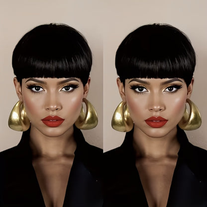 Human Hair Pixie Cut Wig with Bangs 180% Density No Glue Machine Made Breathable Cap Women Black Burgundy Short 6 Inch Daily Wear Party
