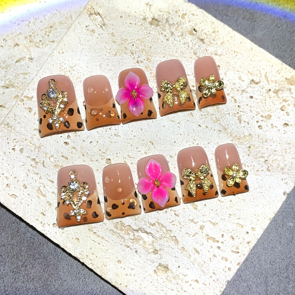 10pcs Autumn Winter 5D Handmade Carved Nails | Duckbill Shape, Glossy End, Brown & Pink Gradient with Flower & Milk Patterns, Middle Length Fake Nails for Parties, Banquets, Birthdays & Gifts