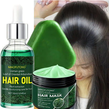 Herbal Hair Care Set 3-Piece Shampoo Bar 120g + Hair Essence 1.01oz + Hair Mask 100g - Deep Cleanse Nourish & Protect for Oily Scalp All Hair Types