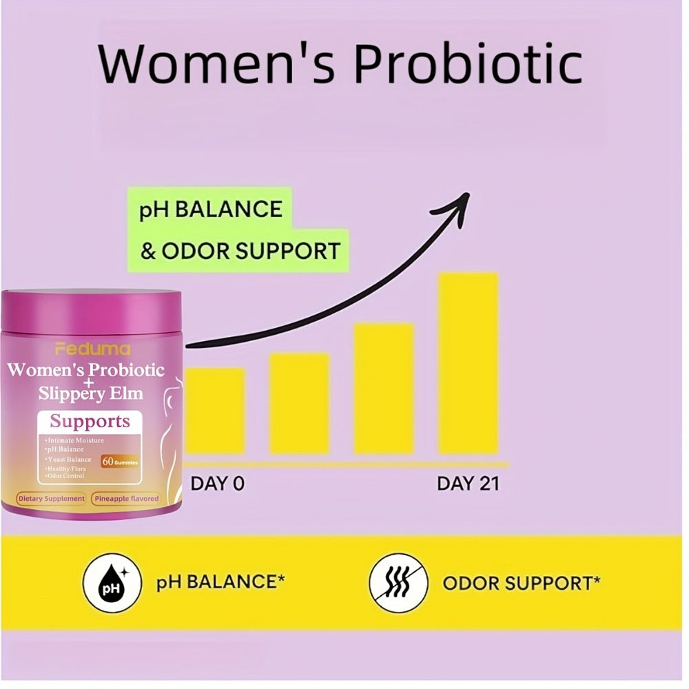 [Buy1, Get 1 Free]FEDUMA Women's Probiotic Gummies Her Juicy Way to Maintain Healthy Flora, Intimate Moisture, And Yeast Balance with Delicious Pineapple, 60 Gummies!