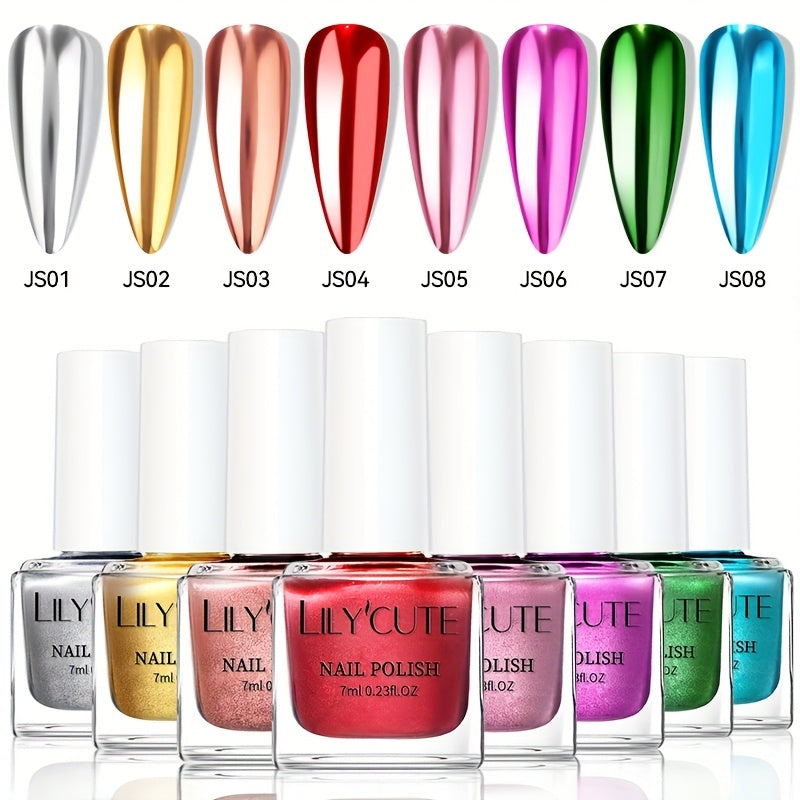 Metallic Nail Polish Set 8pcs - Super Bright Quick-Dry Regular Nail Polish No UV Lamp Needed, French Style Glass Bottle Nail Art Colors for Women