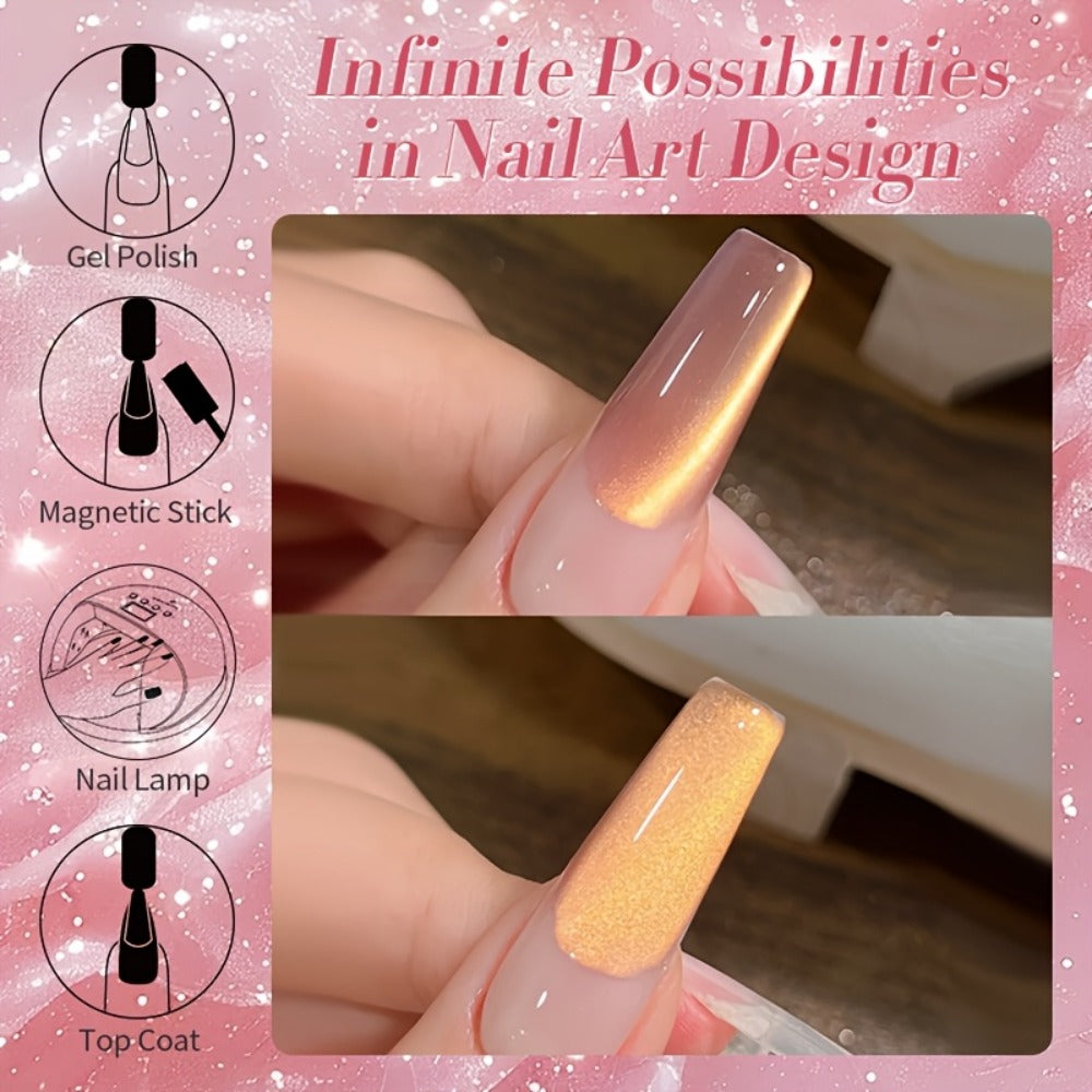 BORN PRETTY 0.34oz Nude Golden Glitter Cat Magnetic Gel Nail Polish with Ultra Shine in Two Colors, Semi-Permanent Gel Nail Supplies