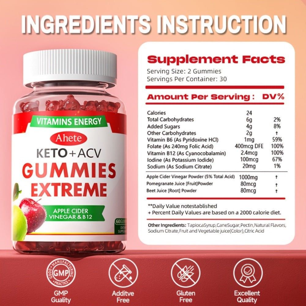 [KETO+ACV]AHETE Apple Cider Vinegar Gummies- Made with Beet Juice, Combined with Vitamin B12, Vegan Formula, Supports Gentle Digestion And Antioxidant Effects. 60pcs Per Bottle, Sufficient for One Month's Supply.