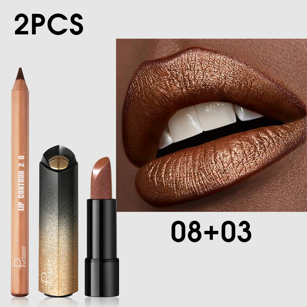 [Viral Fall Makeup] Luxury Press Golden Lipstick Set With Lip Liner | Brown Shimmer And Nude Lip Liner Pencil | Viral Fall Makeup Kit (2pcs)