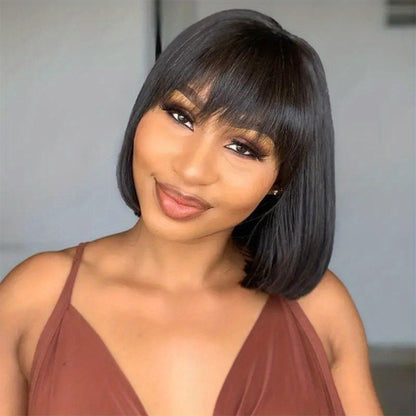 Human Hair Wig Short Bob Straight with Bangs Brazilian 200% Density Glueless Full Machine Made for Women Black 8 10 12 16 Inch Natural Hairline