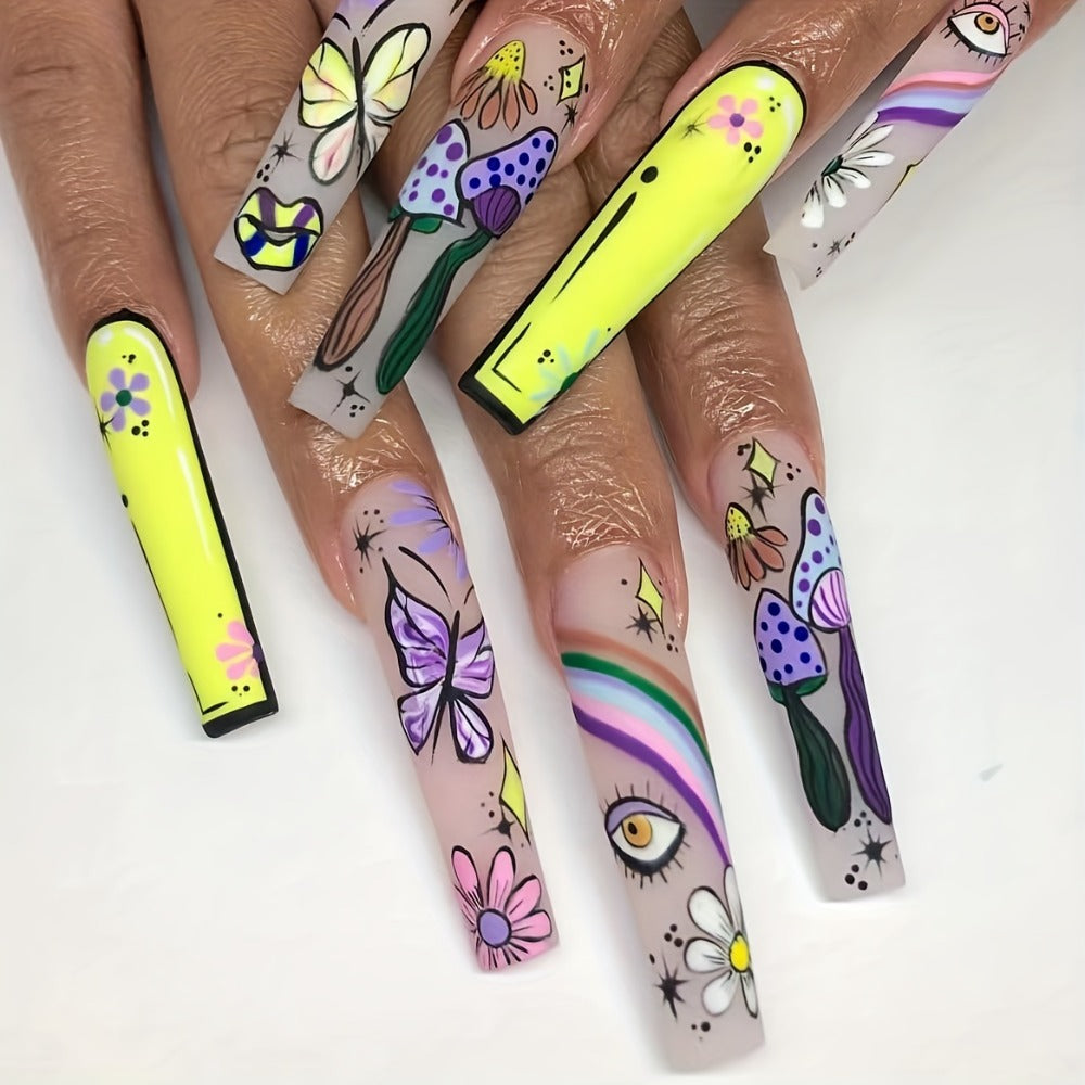 Extra Long Press On Nails 120pcs 5 Boxes Set Cosmic Eyes Crystal Rhinestones Matte Colorful Stripes Floral Pattern Glue-On Wearable Nail Art Festive Gift Set for Women Teens Party Holiday