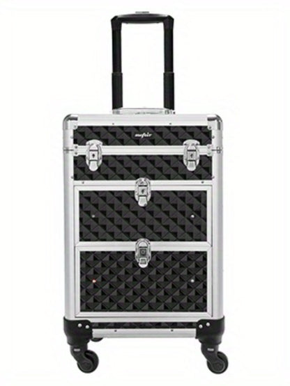 Rolling Makeup Train Case Aluminum Lockable Trolley with 4 Wheels 2 Sliding Drawers Telescopic Rod Portable Cosmetic Organizer Suitcase for Makeup Artists Salon Travel Beauty Storage Black