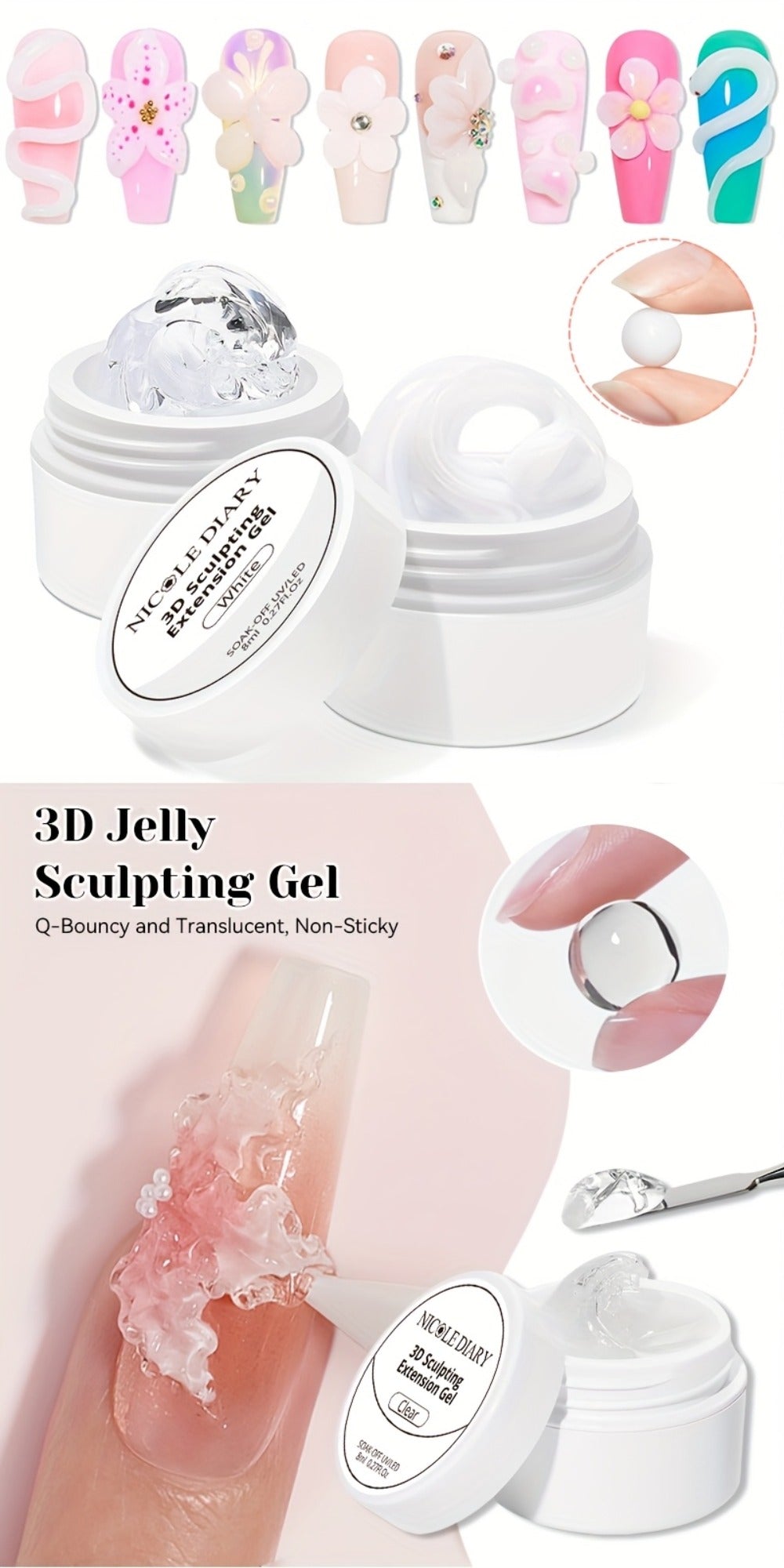 NICOLE DIARY 2pcs/3pcs 3D Carving Nail Gel Polish with Carving Pen White Clear 3D Sculpting Flower Gel Extension Gel Nail Nail Art Carving Gel Modeling Gel Nail Polish Manicure Nail Salon Home Use