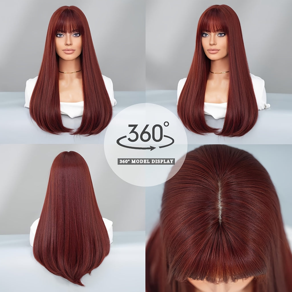 A 28-Inch Synthetic Wig with Straight, Wine-Red Bangs That Is Heat-Resistant And Perfect for Everyday Wear And Holiday Celebrations