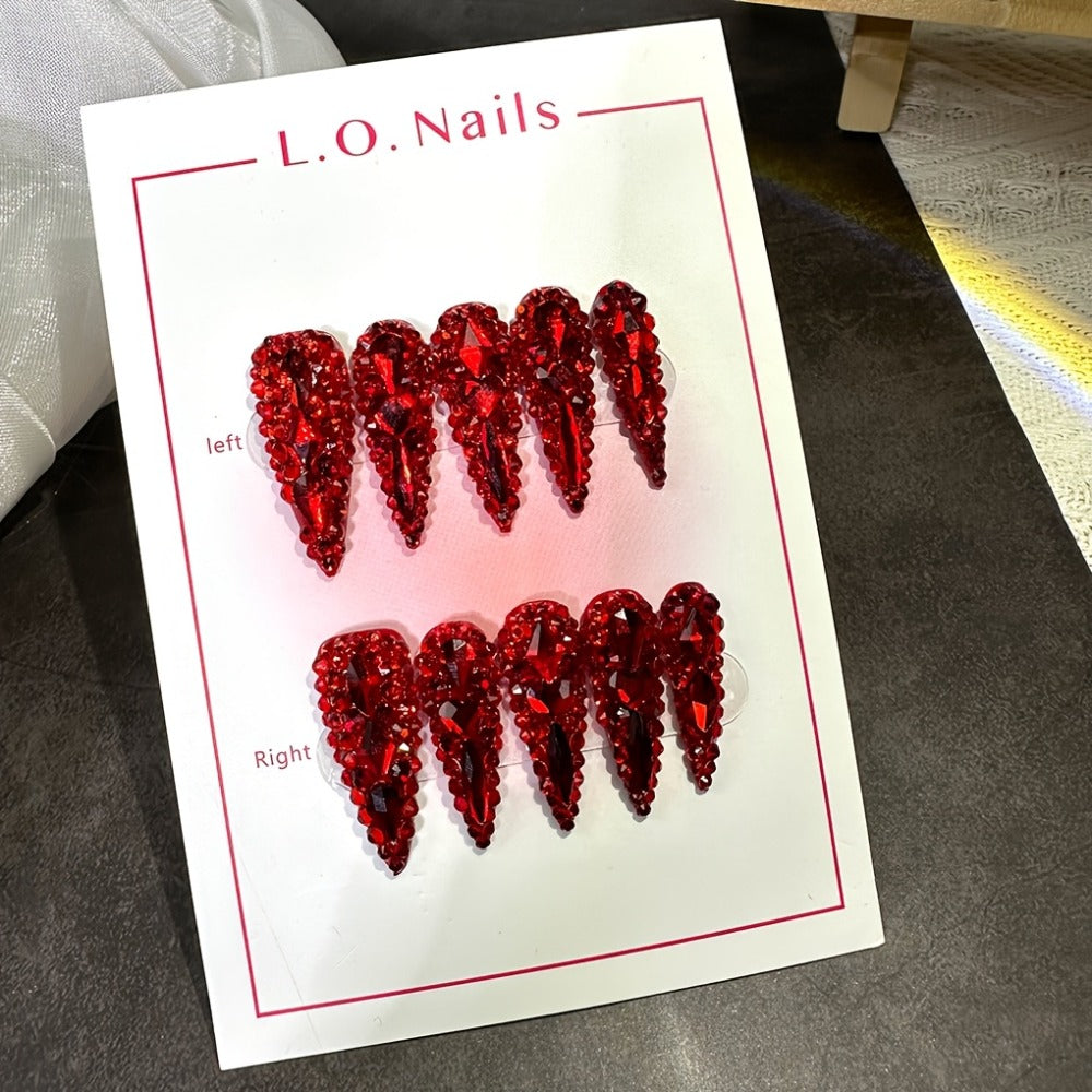 Water Drop Press On Nails 10pcs Long 1.3 Inch Y2K Big Red Glass Glitter Luxury Lonnailssy Handmade Reusable Salon Quality Spring Summer Wedding Party Gift Fake Nails S M L Sizes