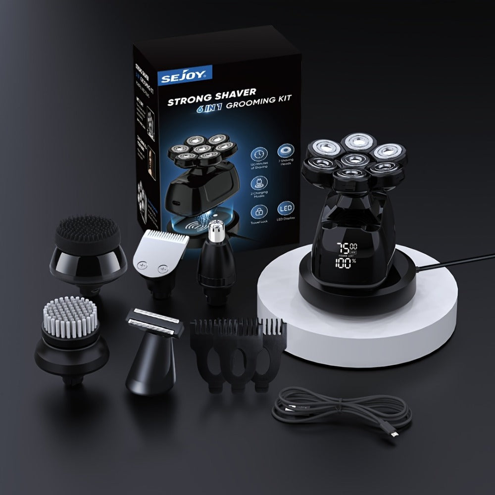 Head Shaver for Bald Men 7D Waterproof Wet Dry Electric Razor 5-in-1 Grooming Kit Type-C Rechargeable 6500-7500RPM Rotary Shaver with Nose Hair Trimmer