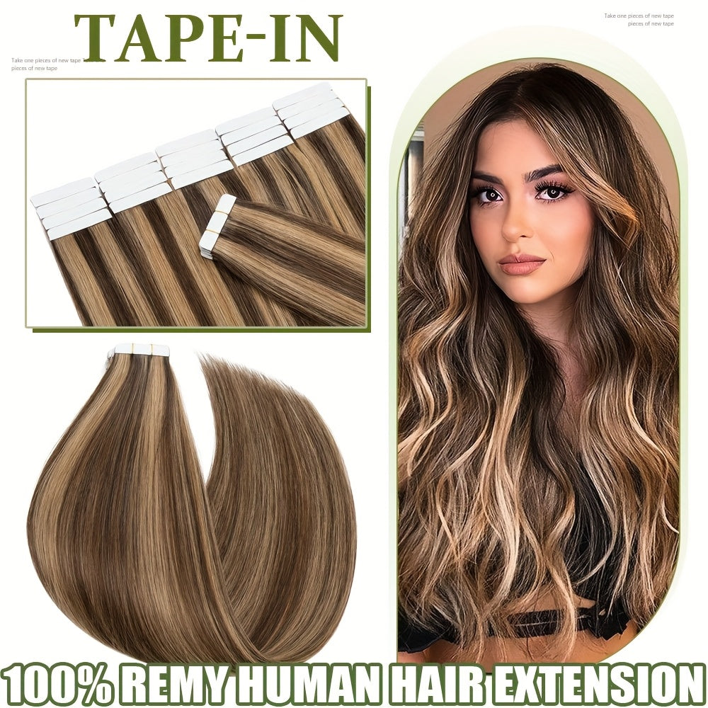 10pcs (10pcs Each) Brazilian Remy Human Hair Tape-In Extensions - Natural Straight Hair 12" 14" 16" 18" 20" 22" 24" Lengths, Invisible Tape-In Weft, 100% for Men &, Blonde/Brown/Blonde Ombre Highlights (Seamless Blending