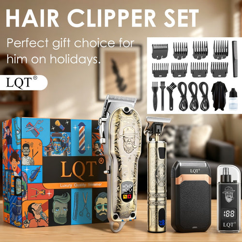 Electric Hair Clipper Set for Men LQT USB Charging 2000mAh with Engraving Scissors Metal Digital Display - 2 or 3 Piece Barber Kit for Home & Salon Bronze Gift