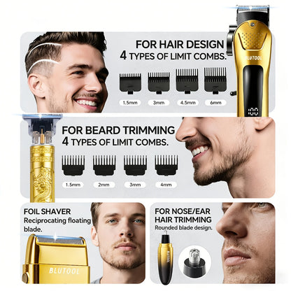 Cordless Hair Clipper Kit for Men - USB Rechargeable Electric Hair Trimmer Set, 2-Piece & 4-Piece Barber Tool for Home & Travel, Black Blue Gold