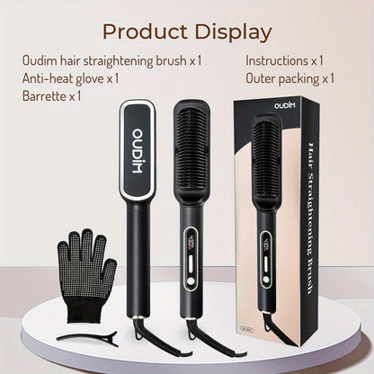 Hair Straightener Brush Ionic — Anti-Scald Straightening Comb for Women, Precise Temperature Control, Auto Shut-Off, Salon-Quality Flat Iron Results at Home, Gift for Her