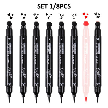 Eyeliner Stamp Pen Double-Ended 8 Styles - Quick Dry Waterproof Liquid Eyeliner in Red & Black, Lazy Wing Liner for Precise Effortless Eye Makeup