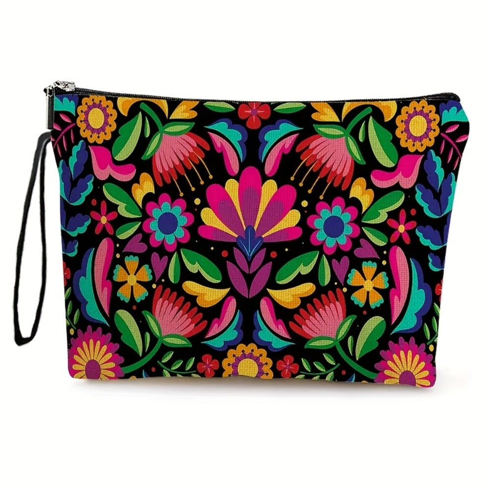 4pcs Vibrant Mexican Botanical Floral Makeup Bags for Women & Men - Large Capacity High Quality Cosmetic Organizers with Durable Zipper, Travel Toiletry Pouches for Vacation, Business, Outdoor - Perfect Birthday & Mother’s Day Gifts