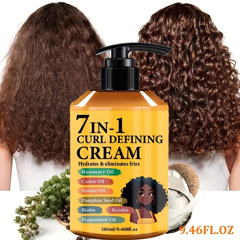 2pcs-9.468 Fl Oz, 7-in-1 Curl Defining Cream | Moisturizing, Long-lasting Hold, Frizz Control, Non-greasy, Stylish Bottle Design, Suitable for Normal, Wavy, and Curly Hair, Unisex-Adult Use