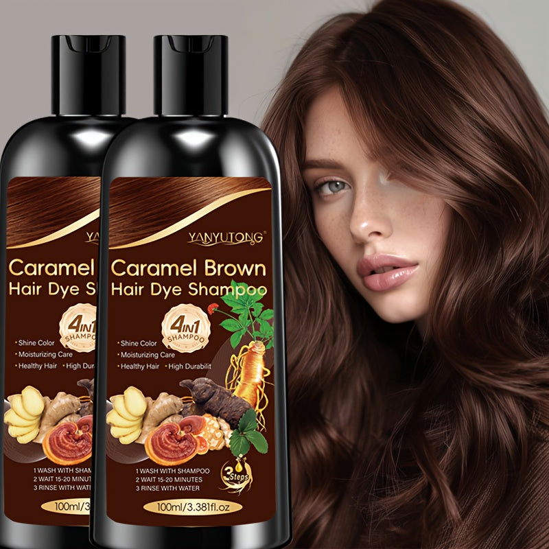 2-Bottle Pack, 3.38oz 4-In-1 Caramel Brown Dye Shampoo with Ginseng, Reishi Mushroom, And Ginger Extract - Instant Color, Shine, Volume & Smoothness in Minutes