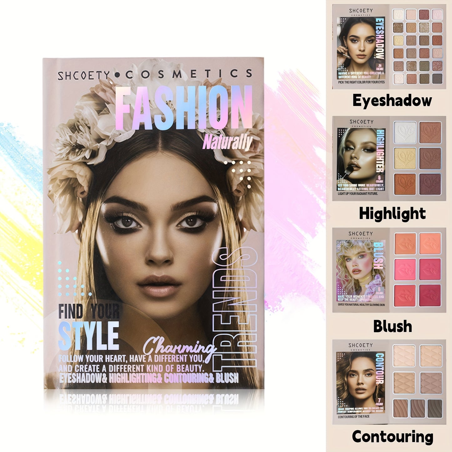 Eyeshadow Palette Blush Highlighter Loose Powder 3-in-1 Compact Makeup Palette, Book-style Folding Design, Holiday Gift Set for Women