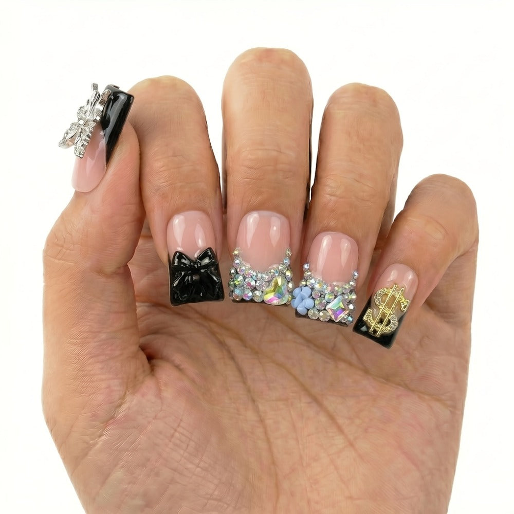 10pcs Handcrafted Press-On Nails Set, Black And Nude Duckbill Shape, Medium Length, Glossy End with Colorblock, Glitter, AB Rhinestones And Liquid Metal Butterfly Accents, Perfect for Parties, Daily Wear And Birthday Gifts