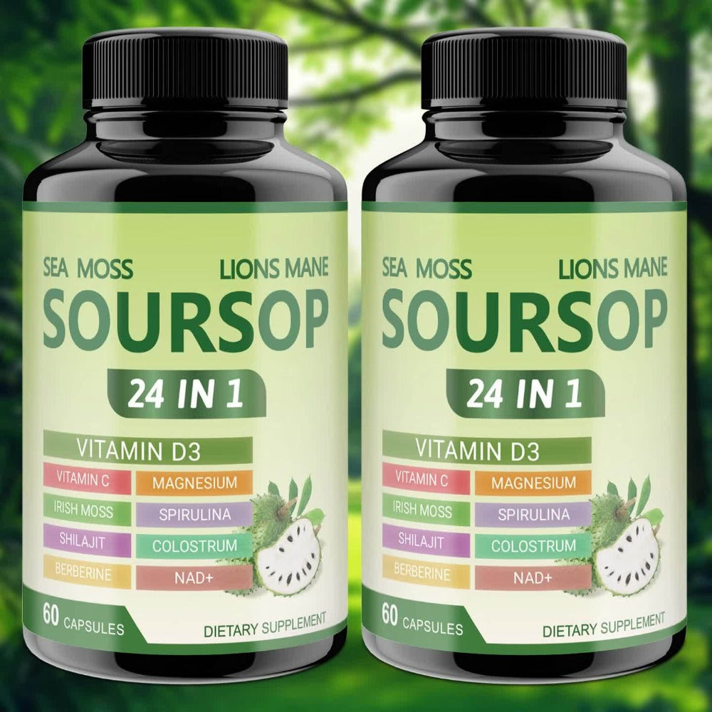 Buy 2 Get 1 Free Soursop Capsules (60 Capsules/Bottle) - 24-in-1 Herbal Supplement with Turmeric, Spirulina, Vitamin D3, Sea Moss & 's Mane-like Bitter Leaf for Immune, Antioxidant, Gut Health & - Dietary