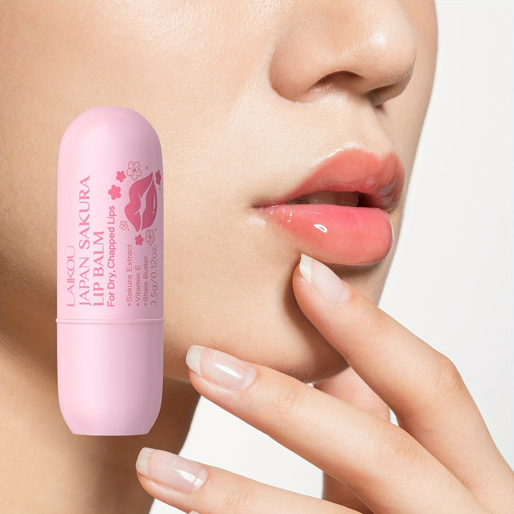 Set of 5 LAIKOU Sakura Lip Balms, Each Weighing 3.5G/0.12Oz, Featuring a Gentle Formula with Prunus Lannesiana Flower Extract, Suitable for Day And Night Use, Providing Moisturizing Lip Care, Convenient for Travel
