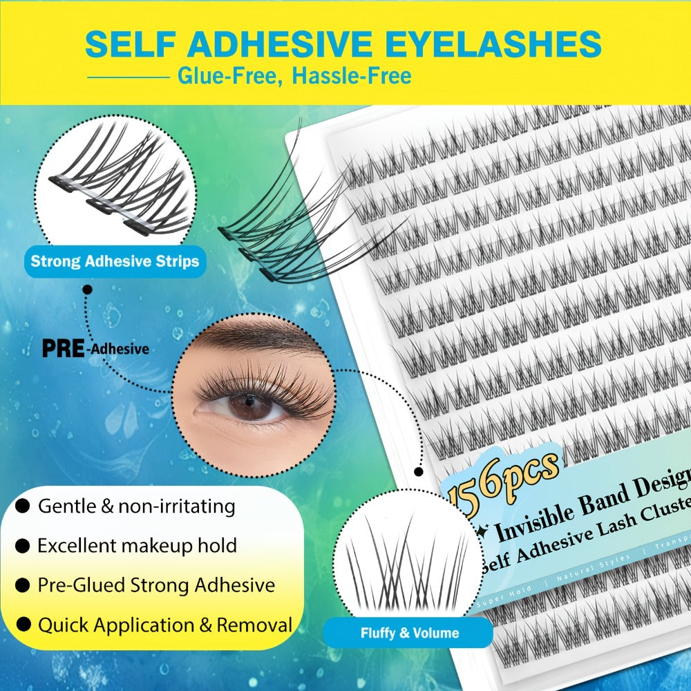 Self Adhesive Lash Clusters No Glue Needed, Lightweight Lashes Clusters Kit, Pre Glued Wispy Cluster Lashes Natural Volume Press On Lashes with 2 Tweezers, Reusable Eyelashes, Beginner Friendly Casual Attire Lashes Fluffy Individual Cluster Eyelashes