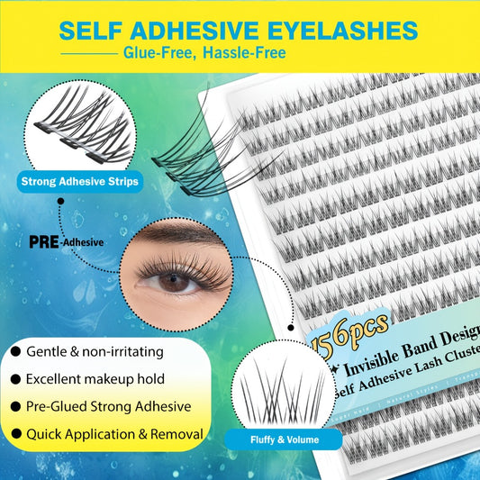 Self Adhesive Lash Clusters No Glue Needed, Lightweight Lashes Clusters Kit, Pre Glued Wispy Cluster Lashes Natural Volume Press On Lashes with 2 Tweezers, Reusable Eyelashes, Beginner Friendly Casual Attire Lashes Fluffy Individual Cluster Eyelashes