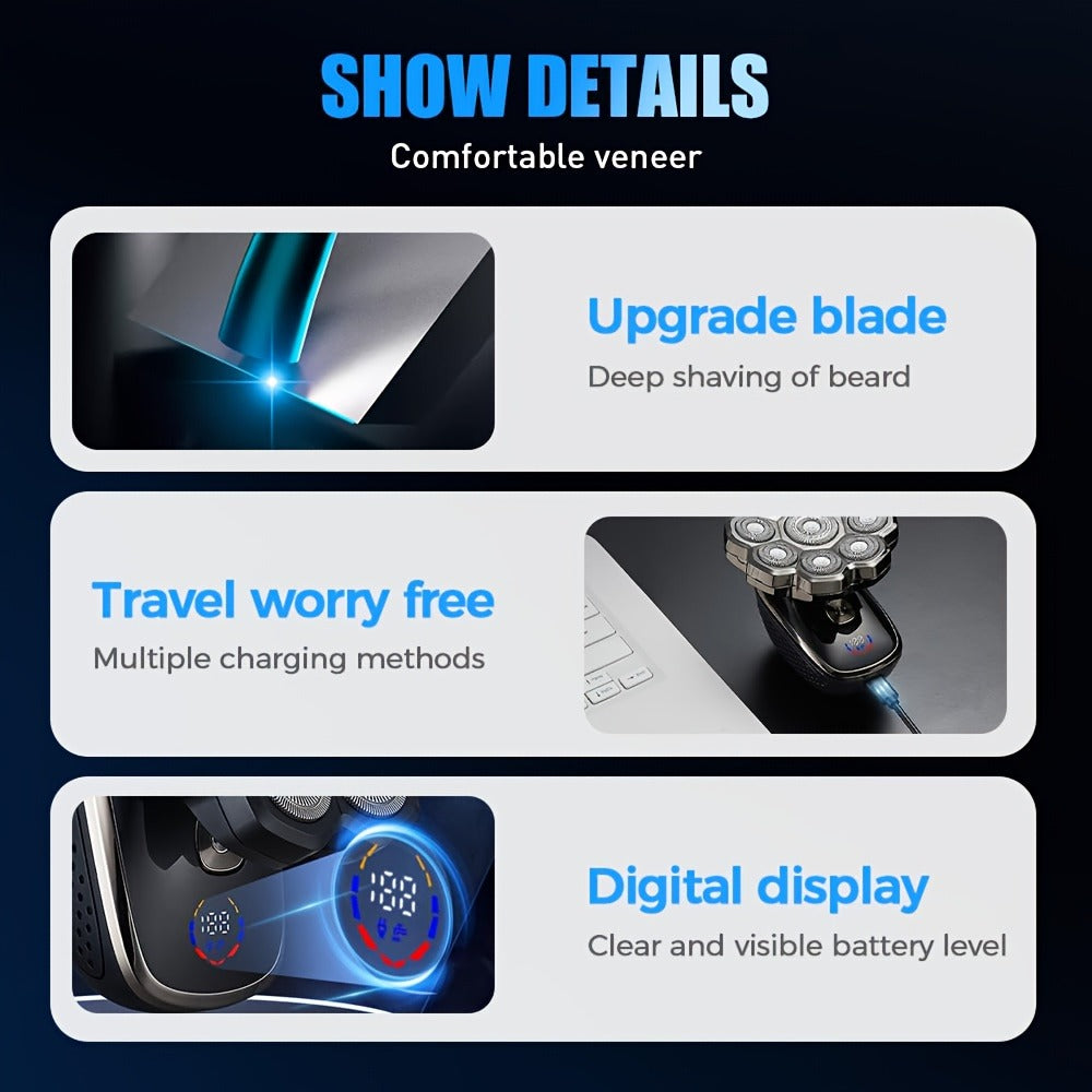 Electric Shaver for Men 5-in-1 Bald Head Shaver Wet Dry Electric Razor with 7D 9D Floating Head Detachable Magnetic Blades Cordless Grooming Kit Gift for Dad