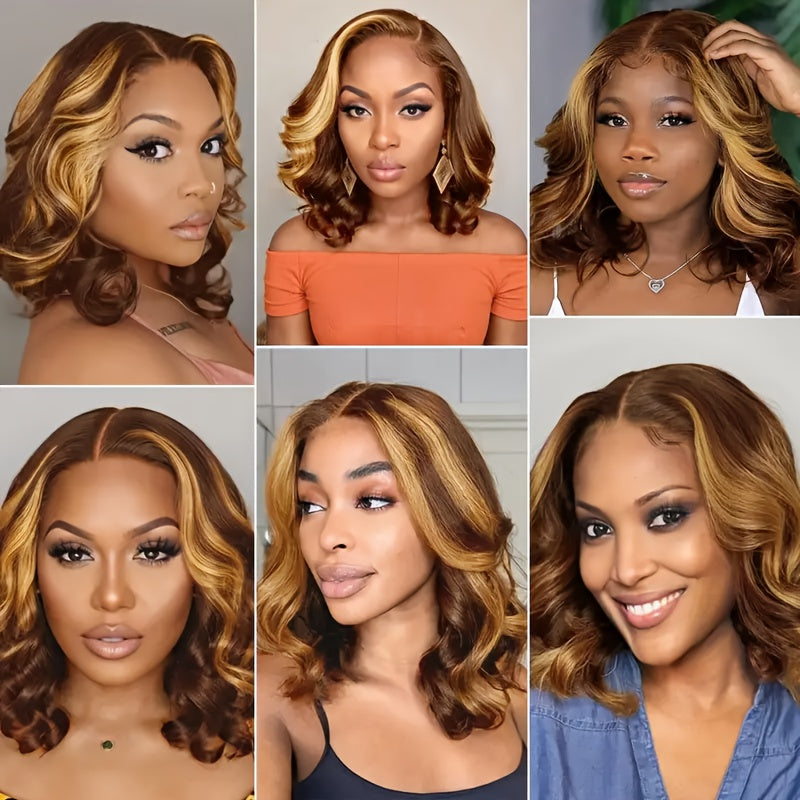 Honey Blonde Ombre Body Wave Lace Front Wig - 13x4 HD Human Hair Bob Wig for Women, Pre-Plucked Brazilian Human Hair with Baby Hair, Highlighted Gradient Color Transition, Loose Waves Hair Wig Perfect for Beginners