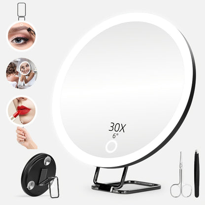 30X LED Magnifying Makeup Mirror Rechargeable, 6-Inch Lighted Handheld Pocket Mirror with Hanging Loop, Portable Travel Vanity Mirror for Precision Makeup & Grooming, Gift for Women and Men