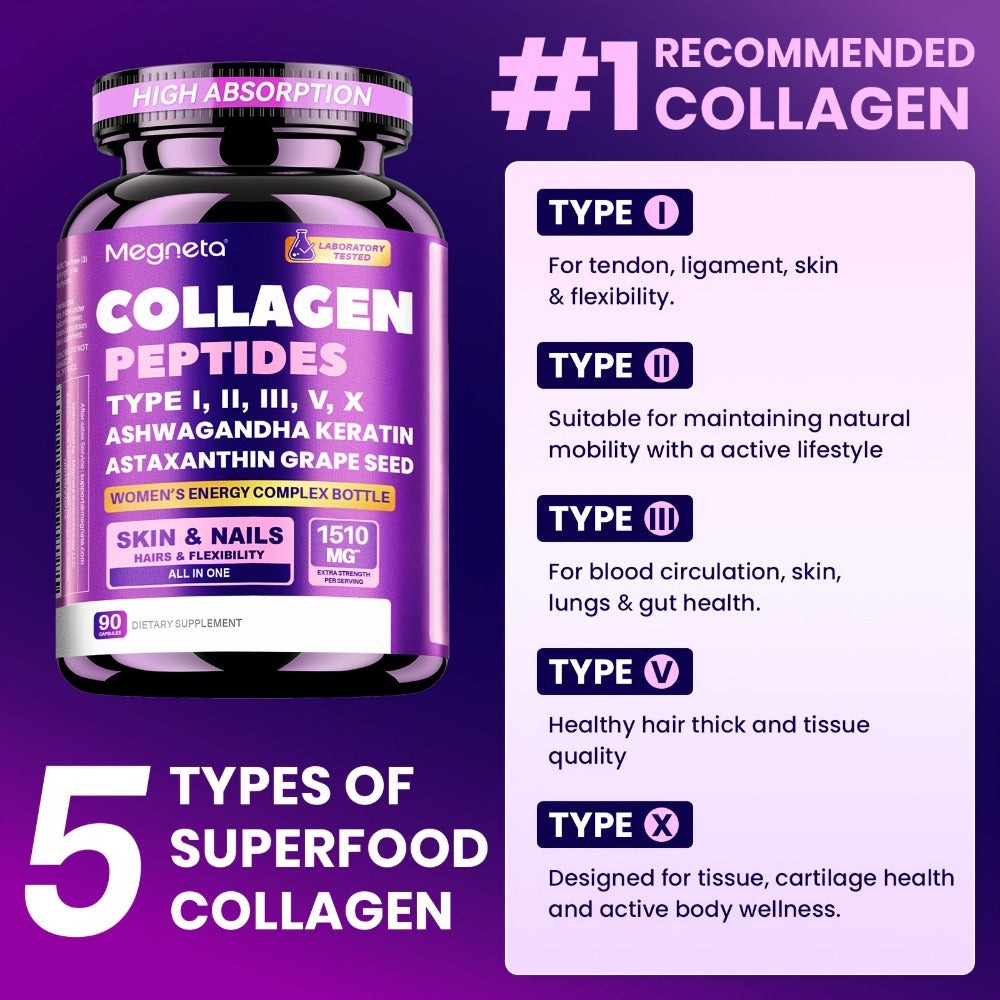 Collagen Powder Capsules - Type I, II, III, V, X with Vitamin C, Hyaluronic Acid & Biotin | for Skin Hydration & Elasticity, Hair & Nail | for Men & Women, 3-Party Tested, 90 Capsules