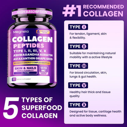 Collagen Capsules Type I II III V X with Vitamin C, Hyaluronic Acid & Biotin - Skin Hydration, Elasticity, Hair & Nail Support Supplement for Men & Women - 3rd Party Tested, 90 Capsules