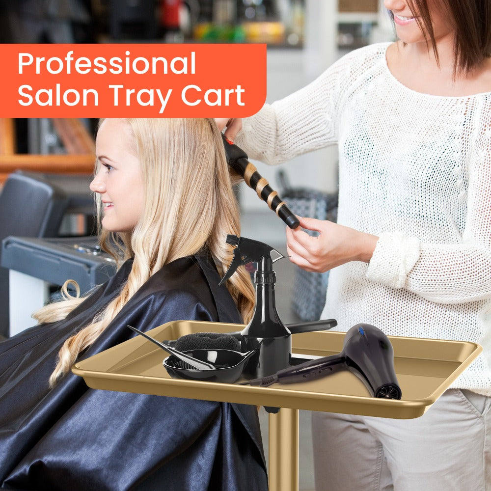 Premium Salon Tray Cart Tattoo Tray 17.9'' x 12.8'', Gold & Pink and Black Stylist Tray, Adjustable Height, Salon Tray On Wheels For Spa Storage, Stylist Blowdry And Clinic Use