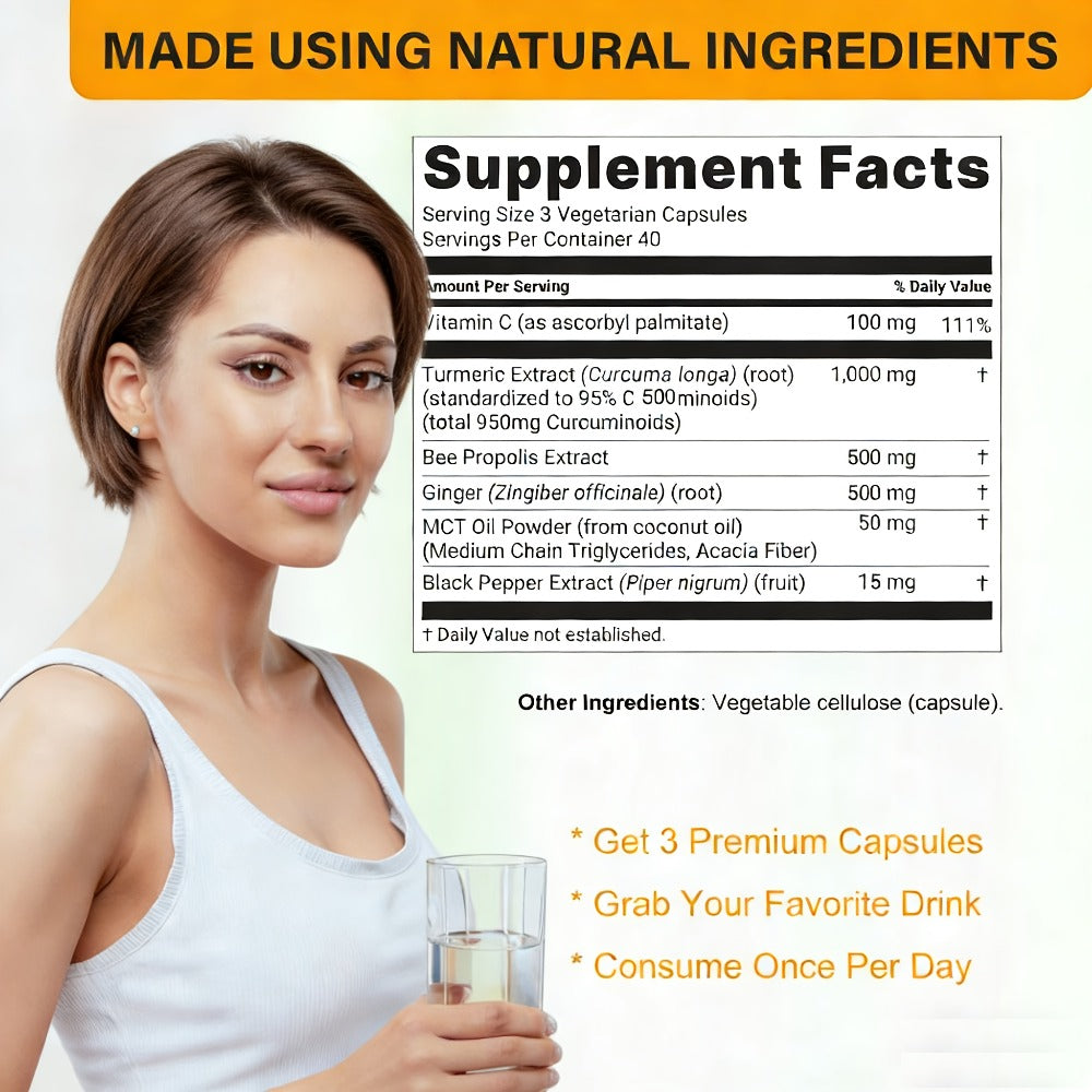 120 Capsules Premium Turmeric Curcumin 1000mg Supplement - Triple Action Heart & Brain Support With Ginger, Black Pepper & Bee Propolis - Natural Herbal Formula For Men & Women, Family Health Product