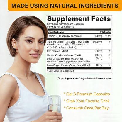 Turmeric Curcumin 1000mg 120 Capsules Triple Action Supplement with Ginger, Black Pepper & Bee Propolis for Heart, Brain & Joint Support, Natural Anti-Inflammatory for Men & Women