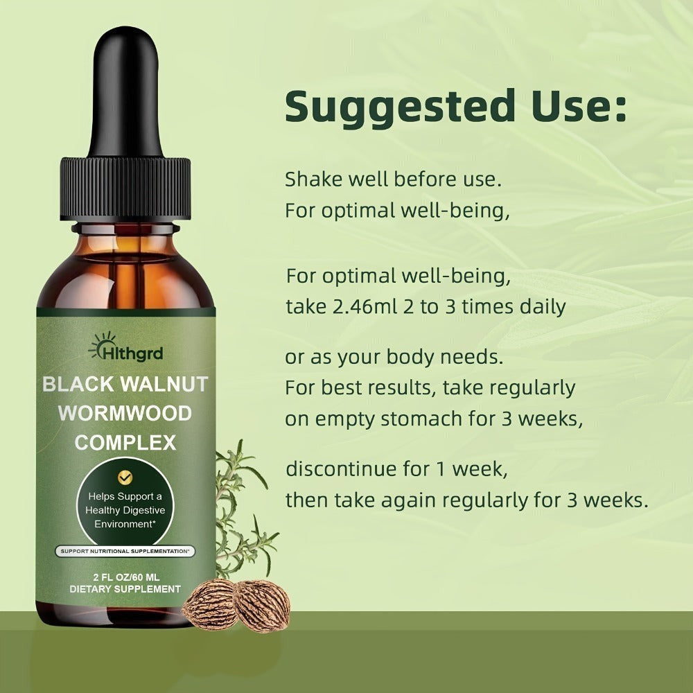 HIthgrd Wormwood Black Walnut Clove Complex Liquid Extract Liquid Drops for Improve Digestive, Gut Support Cleansing Orange Flavor 2fl.oz Suitable for Women Men Black Walnut Wormwood Clove Herbal Supplement