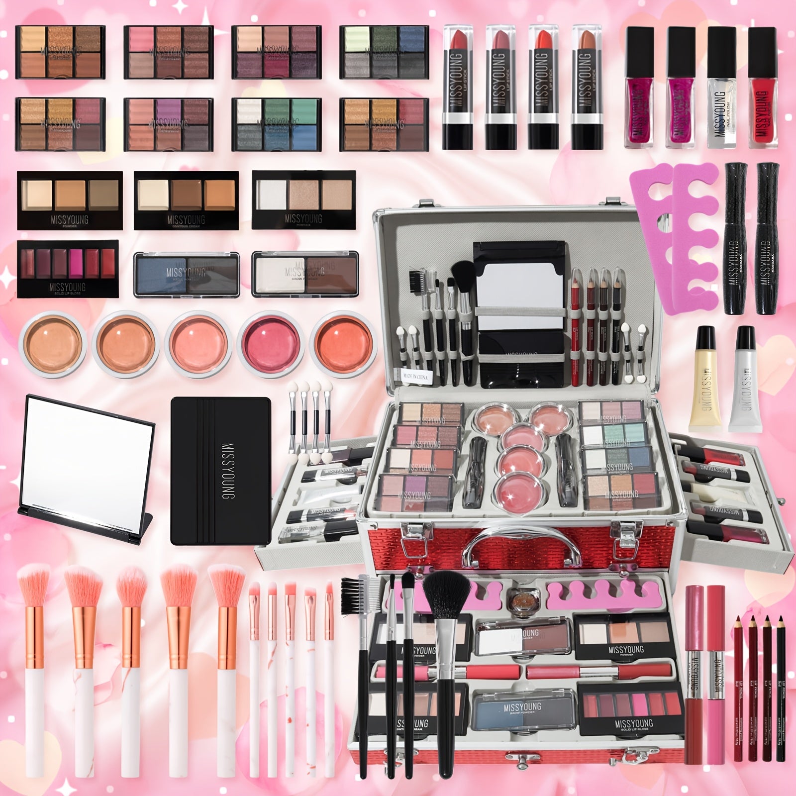 All-In-One Makeup Kit Aluminum Travel Case Full Set Eyeshadow Blush Lipstick Foundation Eyeliner Mascara Brush Set with Mirror Christmas Independence Day Halloween Birthday Gift for Women Girls Beginners
